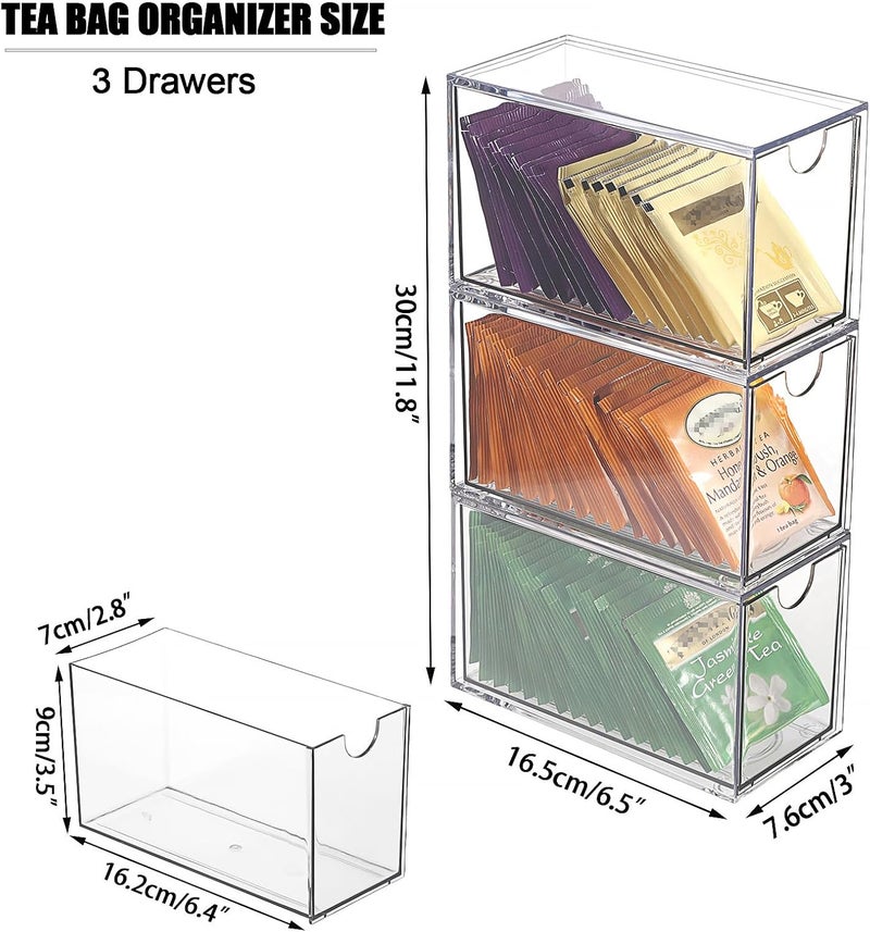 ELLDOO 3 Drawers Tea Bag Organizer, Clear Acrylic Stackable Tea Bag Storage Holder for Kitchen Pantry, Coffee Pod Snack Storage for Countertop Cabinet - Image 2